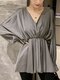 Solid Lantern Long Sleeve High Waist V-neck Women Blouse - Gray