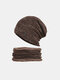 2 Pcs Men Knitted Plus Velvet Argyle Warp Knitting Letter Metal Label Ear Protection Beanie Hat Bib Scarf Set - Coffee
