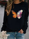Flower Butterfly Print Long Sleeve Sweatshirt For Women - Black