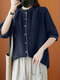 Contrast Half Sleeve Stand Collar Loose Blouse For Women - Navy