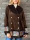 Casual Patch Print Faux Suede Double-breasted Winter Coat - Brown