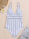 Women Striped White Open Back Spaghetti Straps One Piece Beach Swimsuits - White