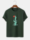 Mens Heart Cartoon Cactus Print 100% Cotton Short Sleeve T-Shirts - Army Green