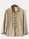 Mens Floral Embroidery Corduroy Lapel Half Button Casual Henley Shirts - Khaki
