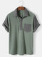 Mens Contrasting Color Patchwork Jacquard Preppy Short Sleeve Henley Shirt - Green