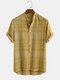 Mens 100% Cotton Plaid Casual Loose Stand Collar Henley Shirt - Yellow