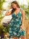 Plus Size Floral Print Tie-up Wrap Sleeveless Dress - Green