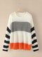 Contrast Color Stripe Long Sleeve O-neck Knit Sweater - Gray
