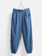 Vintage Floral Embroidery Elastic Waist Pants Loose With Pockets - Lake Blue
