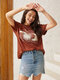Lässiges Kurzarm-T-Shirt mit Rundhalsausschnitt und Sun & Moon-Grafik - braun