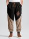 Masculino vintage estampa geométrica patchwork solto com cordão na cintura Calças - Preto