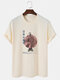 Mens Japanese Fish Print Crew Neck Short Sleeve T-Shirts - Beige