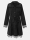 Lace Patchwork Solid Color Lapel Long Sleeve Knotted Button Dress With Belt - Black