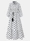 女性のためのドットプリントラペル長袖結び目Plusサイズのフリルドレス - 白い
