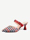 Women Retro Elegant Lattice Pattern Pointed Toe Backless Cone Heel Shoes - Red
