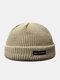 Unisex Acrylic Knitted Solid Color Letter Pattern Cloth Label Fashion Warmth Skull Cap Beanie Hat - Beige