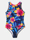 ملابس سباحة نسائية بياقة عالية وطباعة تجريدية الأزهار One قطعة بدون أكمام - أزرق