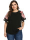Casual Flowers Raglan Short Sleeve Plus Size Print T-shirt for Women - Black