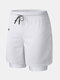 2 In 1 Compression Liner Mesh Breathable Running Gym Shorts With Zipper Pocket - White