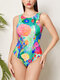 Women Plus Size Floral Canva Print One Pieces U Neck Sleeveless Swimsuit - Green