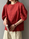 Blusa feminina Guipure gola redonda de algodão manga lanterna - Vermelho