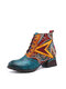 Socofy Casual Retro Leather Patchwork Paisley Print Lace Up Soft Comfortable Side Zipper Low Block Heel Short Boots - Blue