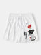 Herren-Shorts aus Baumwolle mit Kordelzug in der Taille und chinesischem Tinten-Lotus-Print - Weiß