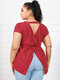 Plus Size Polka Dot Cut Out Twist Short Sleeves Blouse - Red