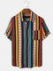 Mens Vintage Striped Print Ethnic Style Short Sleeve Holiday Shirt - Red