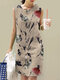 Plants Print Crew Neck Sleeveless Dress For Women - Apricot