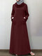 Solid Color Pockets Long Sleeve Casual Maxi Muslim Dress - Wine Red