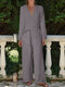 Solid Color V-neck Knotted Long Sleeve Cotton Jumpsuits - Grey