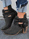 Women Comfortable Round Toe Braided Strap Back-Zip Buckle Casual Ankle Boots - Black