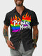 Mens Colorful Flame Letter Print Short Sleeve Shirts - Black