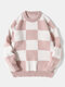 Mens Checkered Crew Neck Preppy Loose Knit Pullover Sweaters - Pink