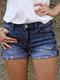 Solid Color Ripped Casual Denim Shorts For Women - Dark Blue