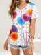 Multi-color Flower Dot Print V-neck Short Sleeve Casual T-Shirt - White