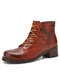 Socofy Genuine Leather Retro Floral Side Zipper Comfortable Brown Heeled Boots - Brown