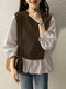 Stripe Patchwork Puff Sleeve Crew Neck Casual Blouse - Brown