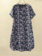 فستان نسائي بأكمام قصيرة مزين بطبعة زهور - أزرق غامق