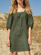 Квадратный воротник с половиной рукава сплошной Платье Для Женское - Армейский Зеленый