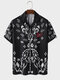Mens Ethnic Paisley Print Embroidered Revere Collar Short Sleeve Shirts - Black