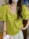 Women Puff Sleeve Solid Pearl Decor V-neck Blouse - Green