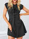 Women Solid Color O-neck Knotted Zip Short Sleeve Casual Dress - Black