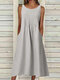 Women Solid Pleated Crew Neck Casual Sleeveless Dress - Gray