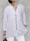 Women Striped Notched Neck Button Up Cotton Shirt - White