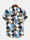 Designer Mens Colorful Mixed Colorblock Lapel Holiday Short Sleeve Hawaiian Shirts - Blue