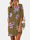 Floral Printed O-neck Half Sleeve Midi Dress - Khaki