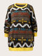 Plus Size Vintage Tribal Print Patchwork O-neck Loose Sweater - Yellow