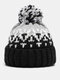 Women Knitted Thickened Color-match Geometric Pattern Mixed Color Fur Ball Decorative Warmth Brimless Beanie Hat - Black